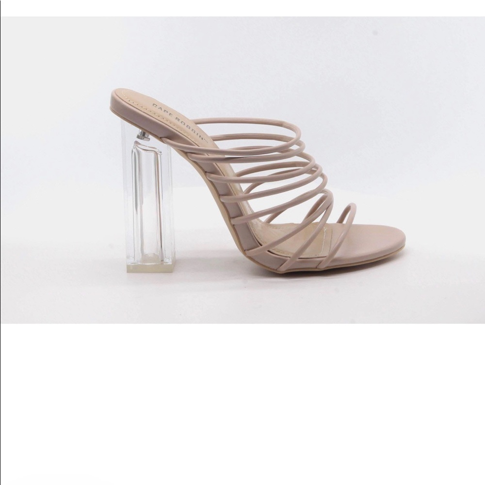 Nude Chunky Block Strappy Slip on High Heel Sandal